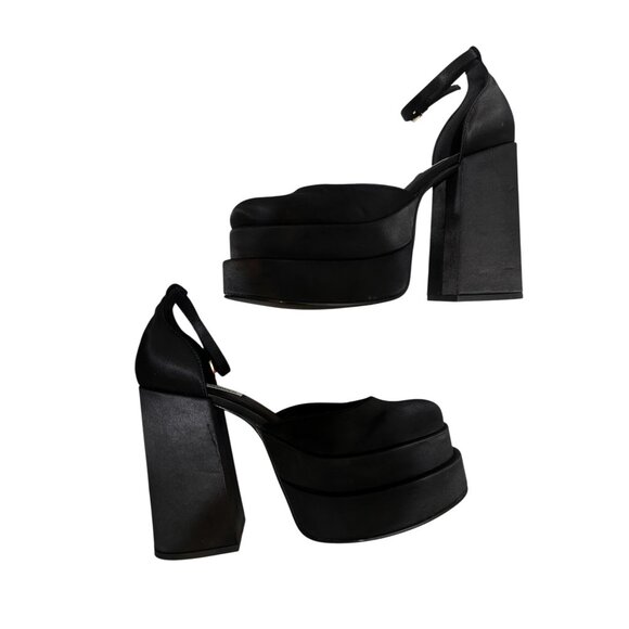 Steve Madden Charliz Platform Pump Heels Women 9 Black Satin Chunky Comfort Prom - Picture 3 of 16